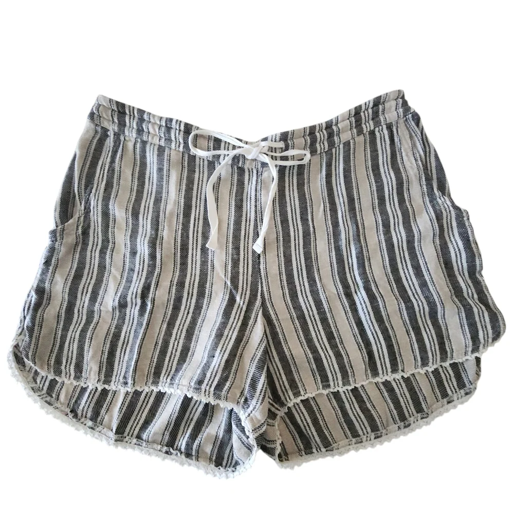 Caslon Black and Beige Striped Linen Blend Shorts Women Size L - Picture 1 of 10